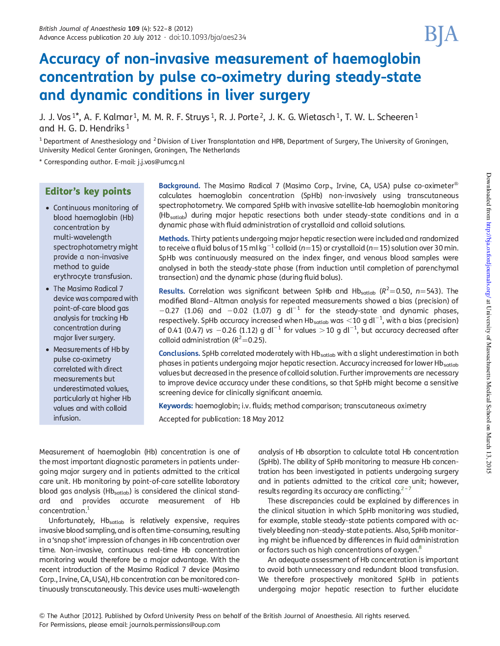 Accuracy of non-invasive measurement of haemoglobin concentration by pulse co-oximetry during steady-state and dynamic conditions in liver surgery