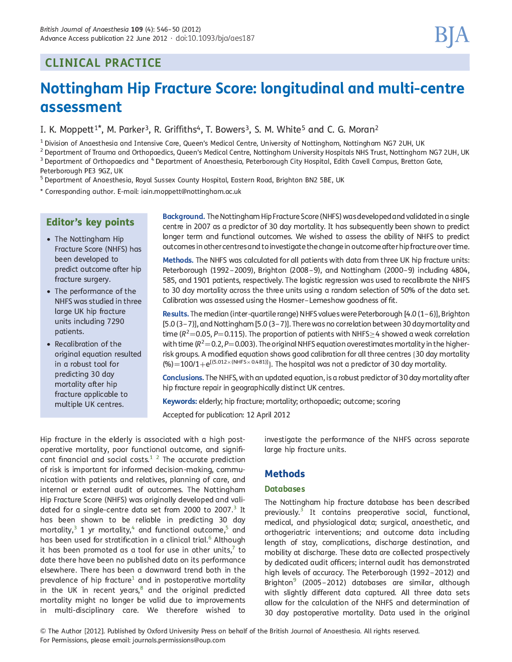 Nottingham Hip Fracture Score: longitudinal and multi-centre assessment