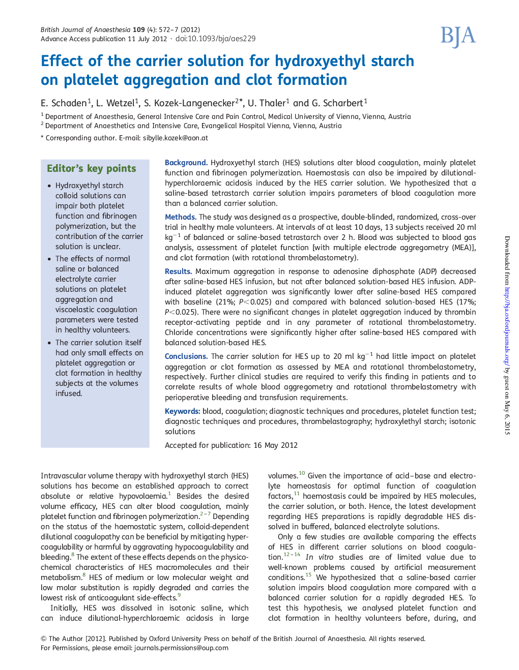 Effect of the carrier solution for hydroxyethyl starch on platelet aggregation and clot formation