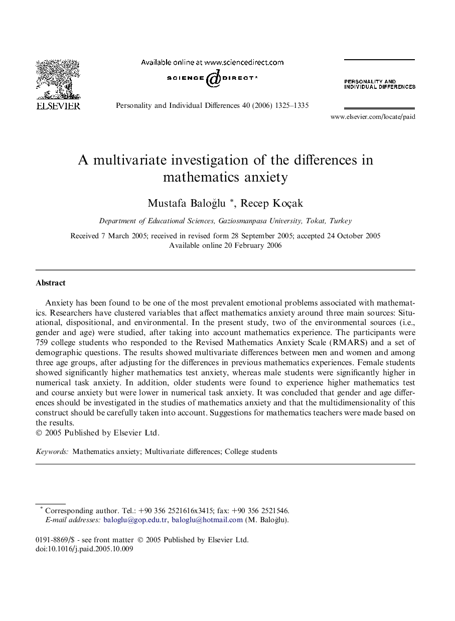 A multivariate investigation of the differences in mathematics anxiety