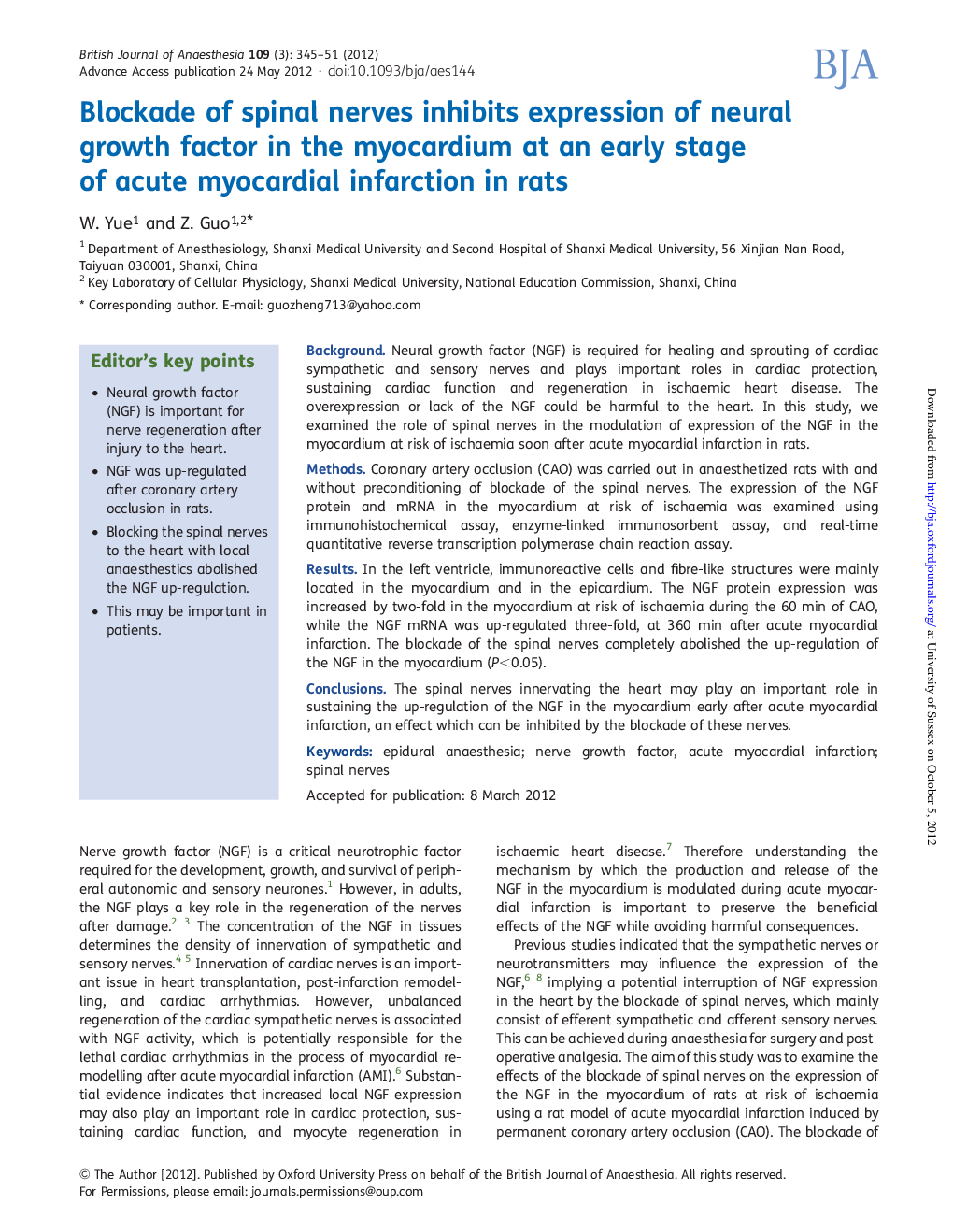 Blockade of spinal nerves inhibits expression of neural growth factor in the myocardium at an early stage of acute myocardial infarction in rats