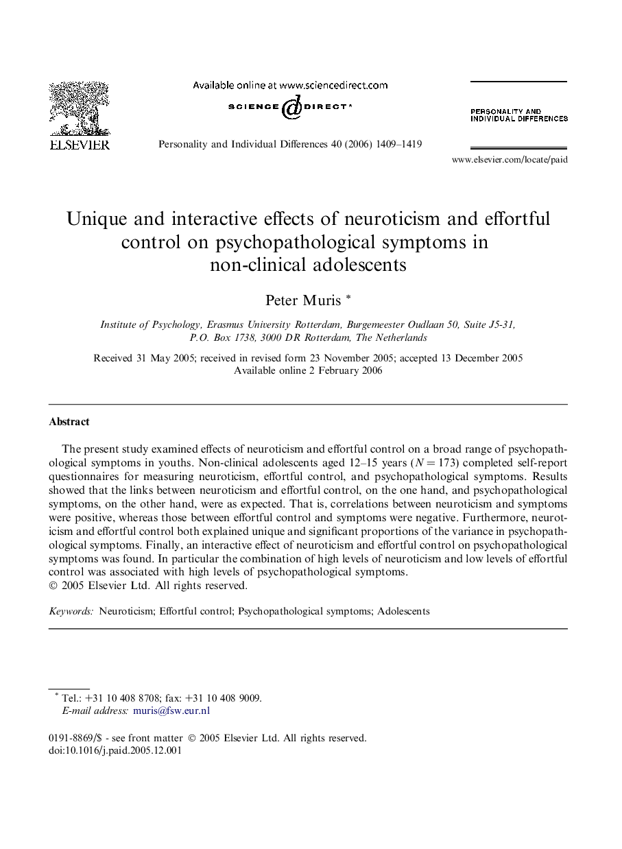 Unique and interactive effects of neuroticism and effortful control on psychopathological symptoms in non-clinical adolescents