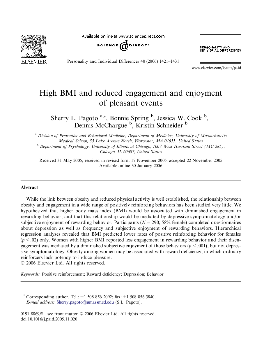 High BMI and reduced engagement and enjoyment of pleasant events