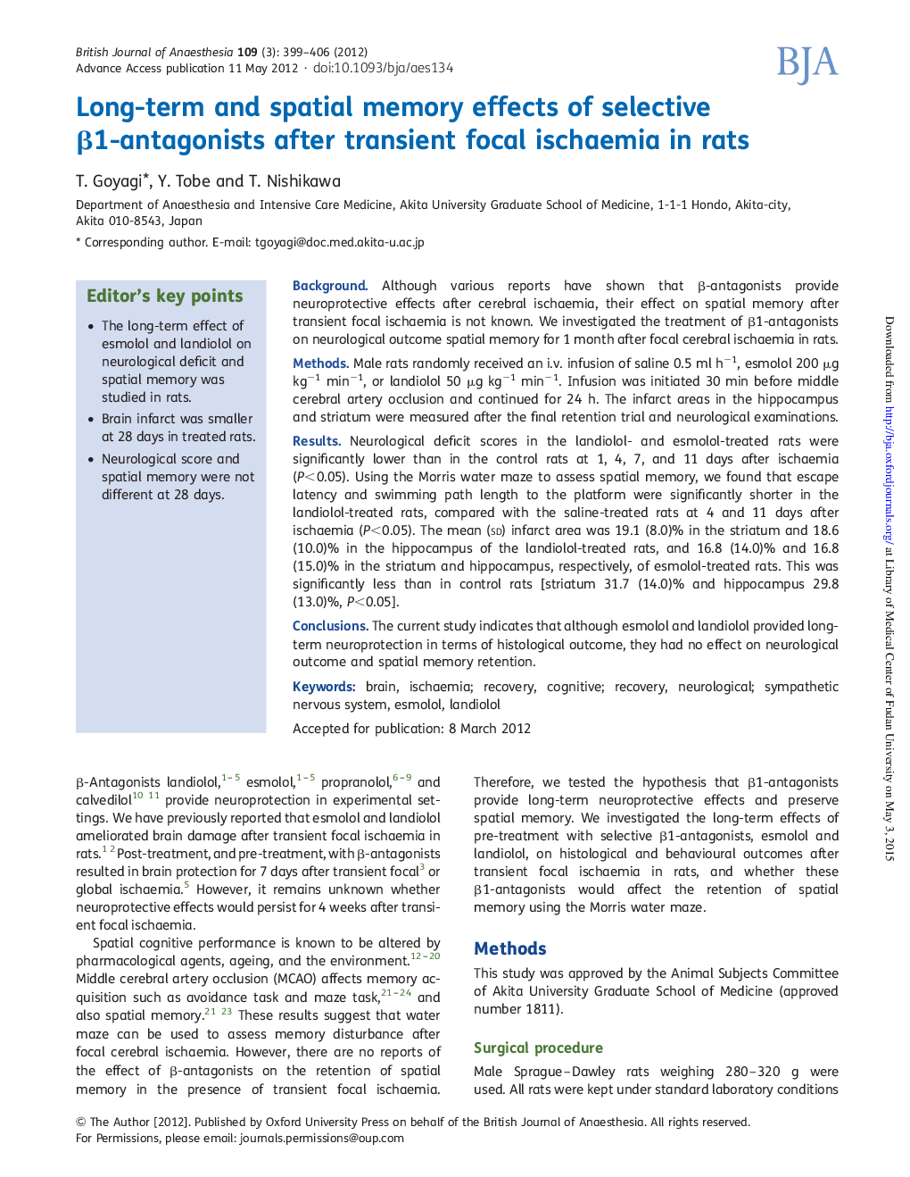 Long-term and spatial memory effects of selective Î²1-antagonists after transient focal ischaemia in rats