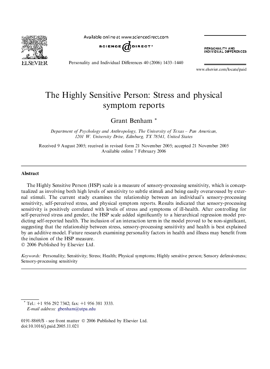 The Highly Sensitive Person: Stress and physical symptom reports