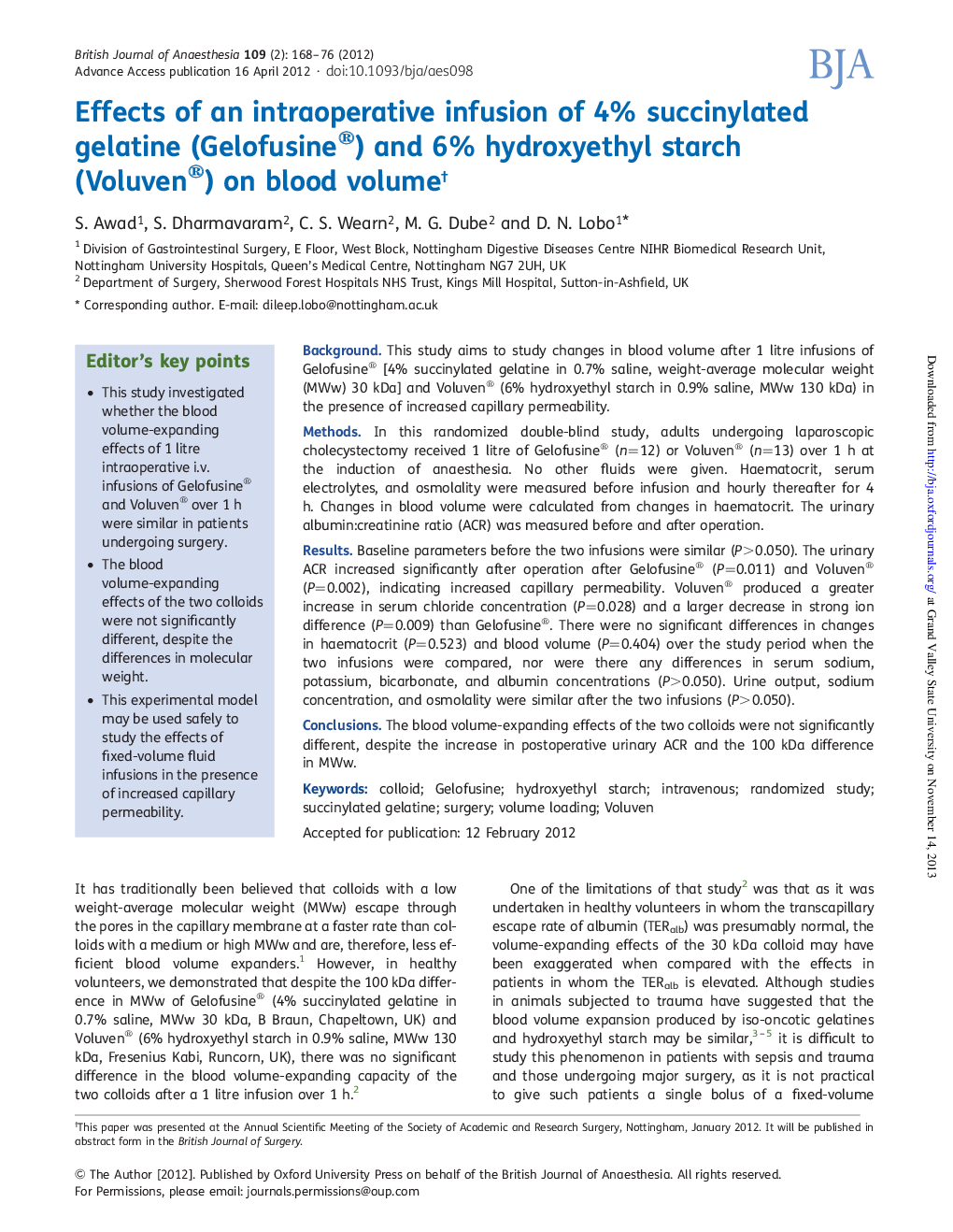 عکس صفحه اول مقاله: Effects of an intraoperative infusion of 4% succinylated gelatine (Gelofusine®) and 6% hydroxyethyl starch (Voluven®) on blood volumeâ Effects of an intraoperative infusion of 4% succinylated gelatine (Gelofusine®) and 6% hydroxyethyl starch (Voluven®) on blood volumeâ