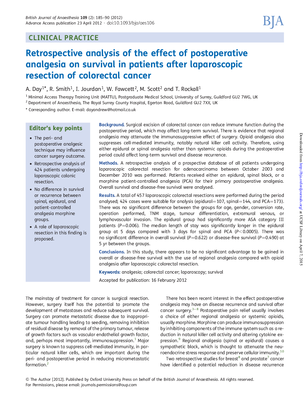 Retrospective analysis of the effect of postoperative analgesia on survival in patients after laparoscopic resection of colorectal cancer