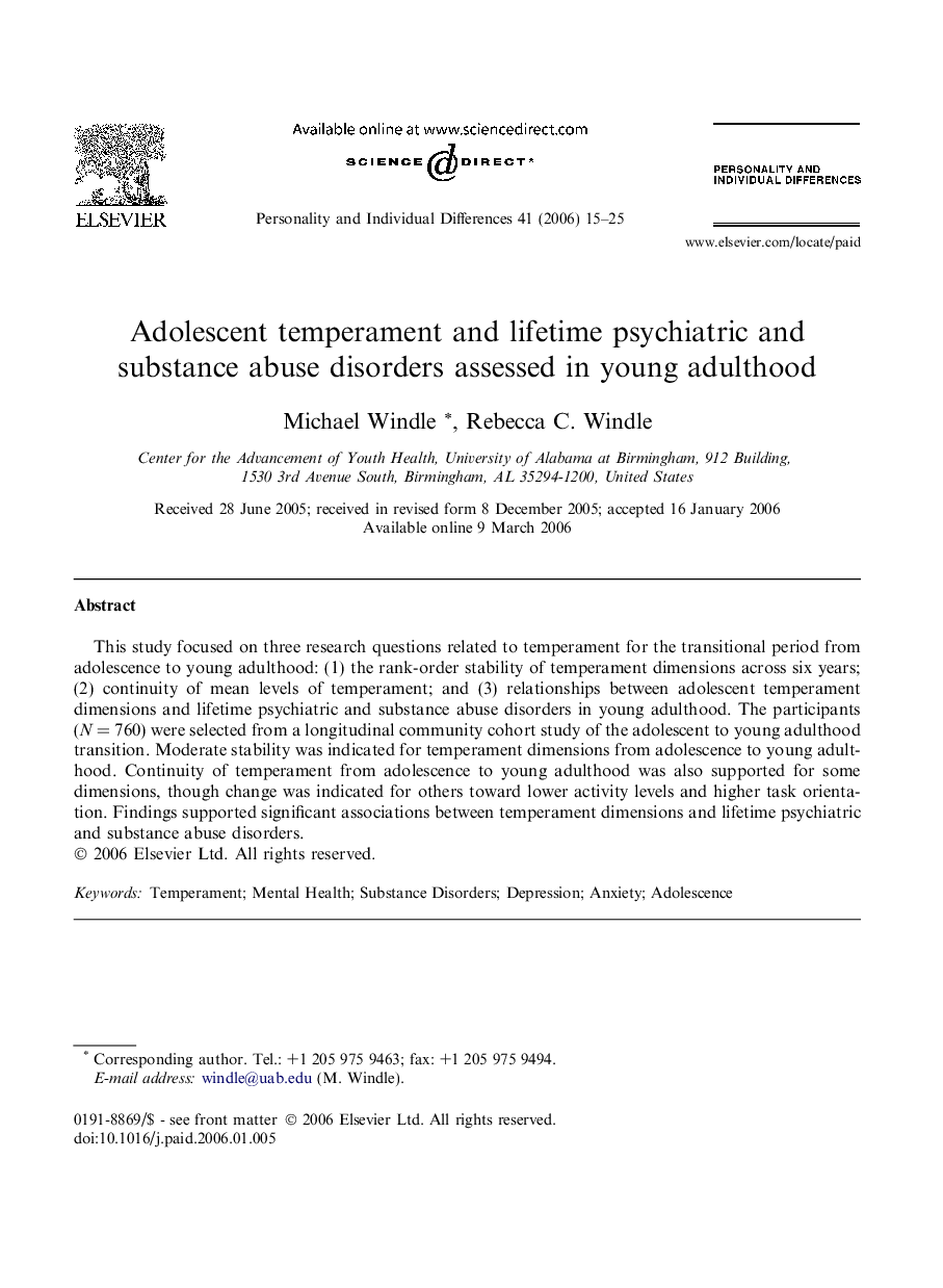عکس صفحه اول مقاله: Adolescent temperament and lifetime psychiatric and substance abuse disorders assessed in young adulthood Adolescent temperament and lifetime psychiatric and substance abuse disorders assessed in young adulthood
