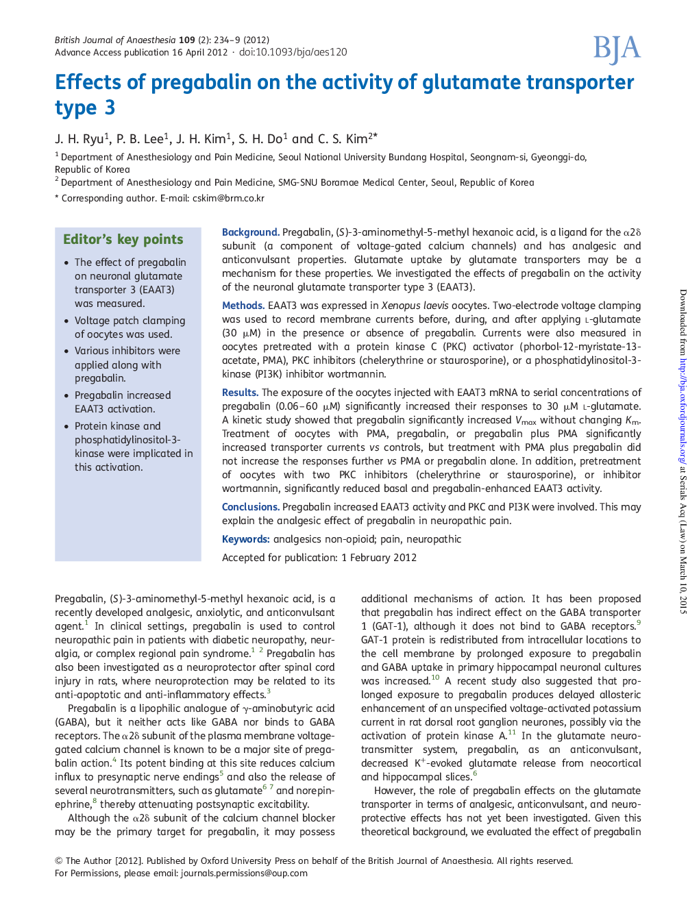 Effects of pregabalin on the activity of glutamate transporter type 3