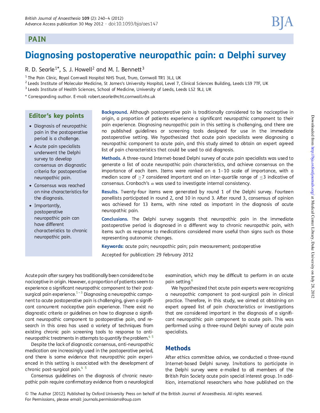 Diagnosing postoperative neuropathic pain: a Delphi survey