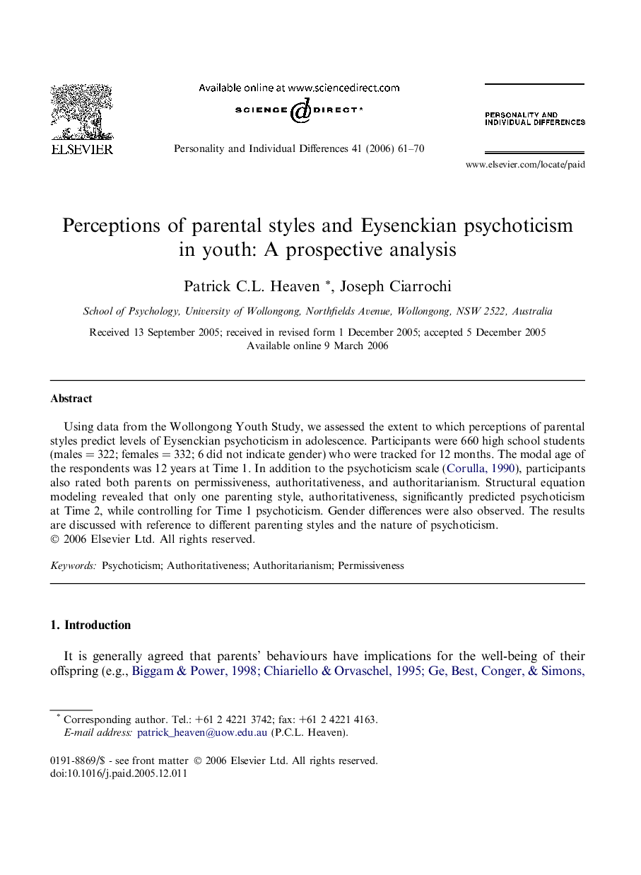 عکس صفحه اول مقاله: Perceptions of parental styles and Eysenckian psychoticism in youth: A prospective analysis Perceptions of parental styles and Eysenckian psychoticism in youth: A prospective analysis