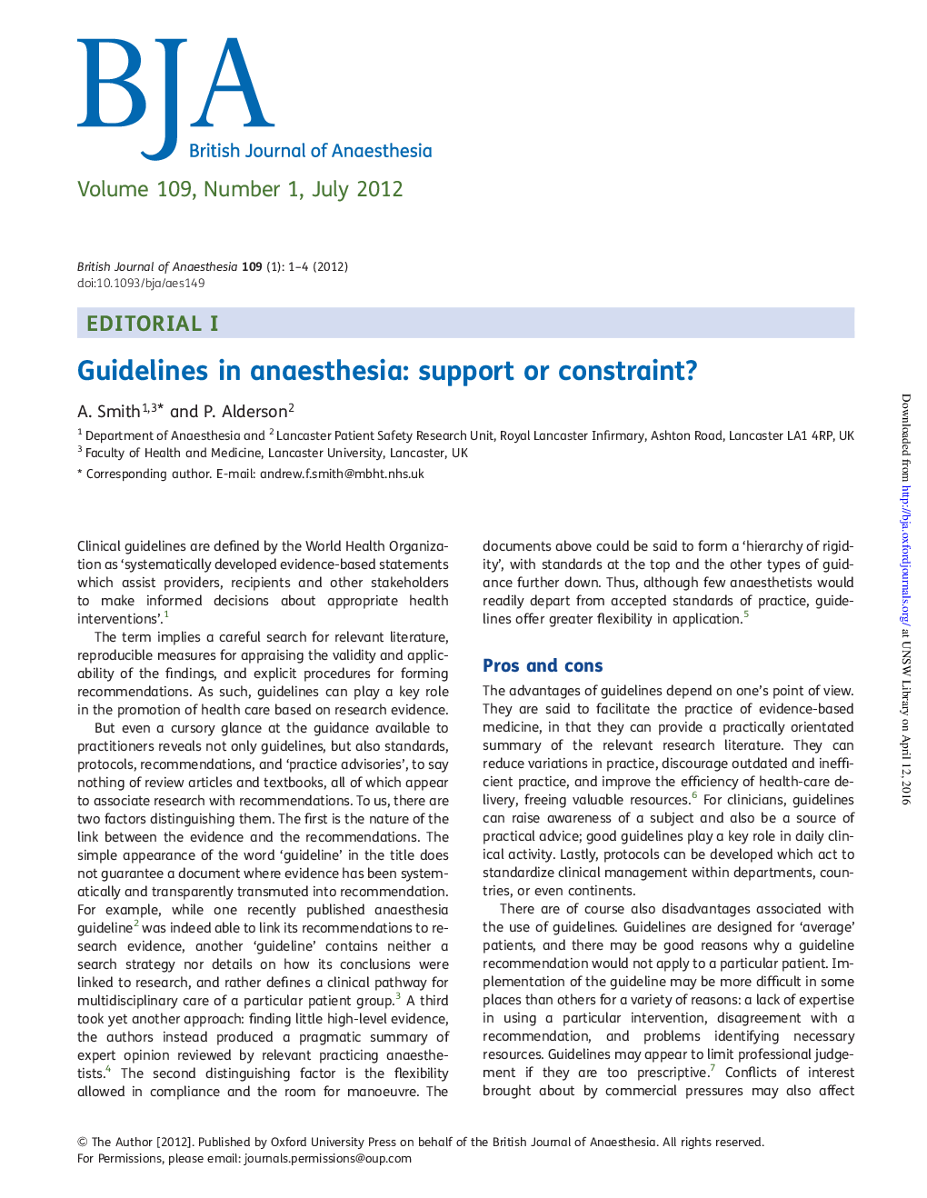 عکس صفحه اول مقاله: Guidelines in anaesthesia: support or constraint? Guidelines in anaesthesia: support or constraint?