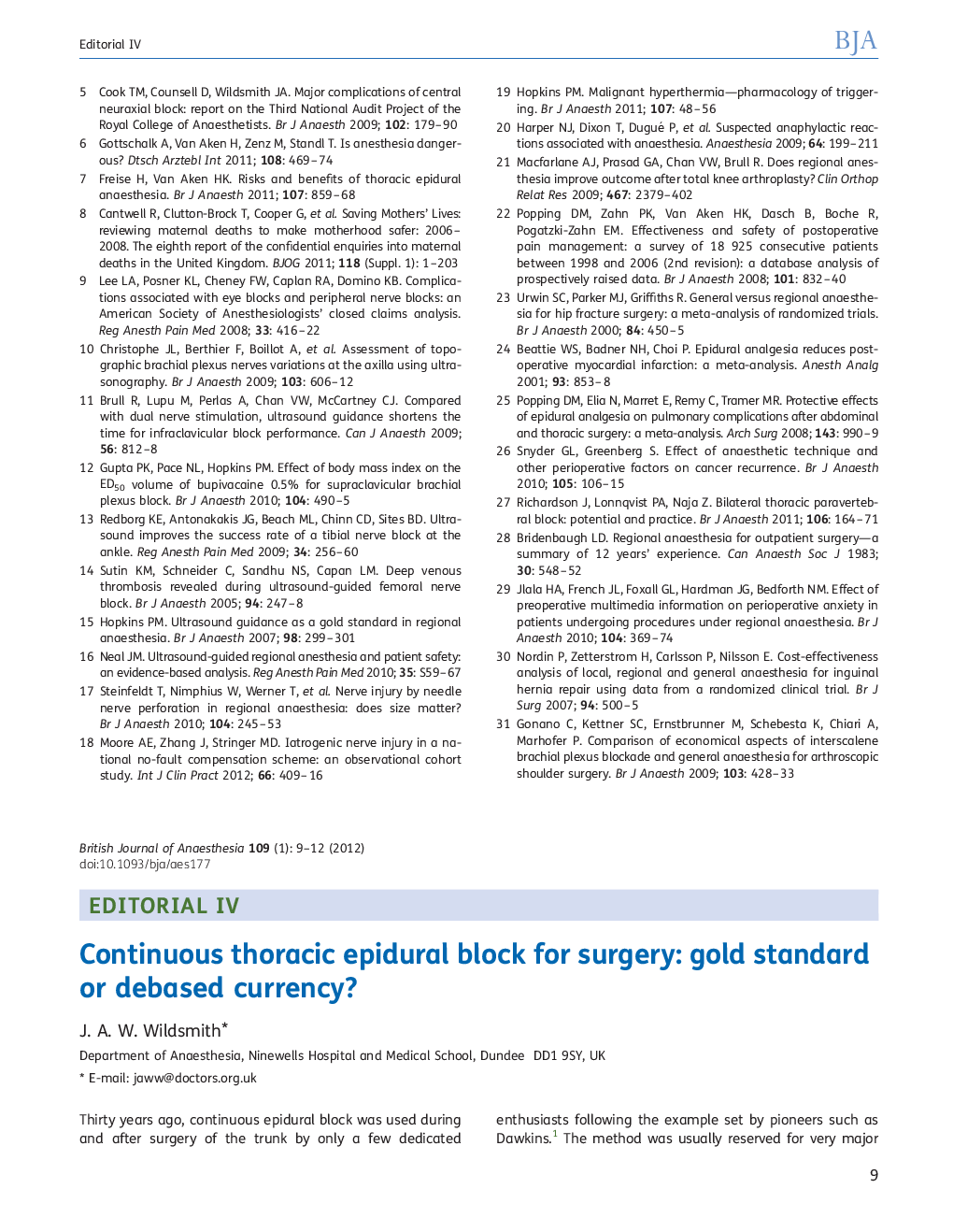 عکس صفحه اول مقاله: Continuous thoracic epidural block for surgery: gold standard or debased currency? Continuous thoracic epidural block for surgery: gold standard or debased currency?