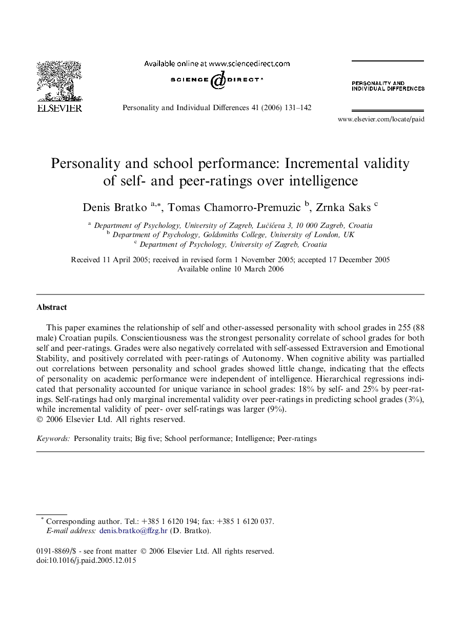 Personality and school performance: Incremental validity of self- and peer-ratings over intelligence