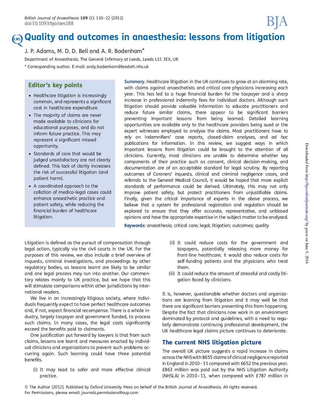 Quality and outcomes in anaesthesia: lessons from litigation