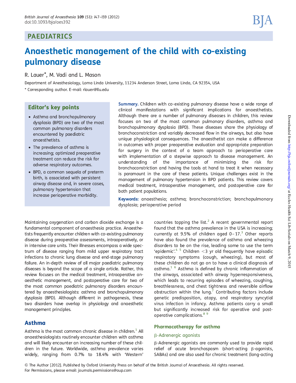 Anaesthetic management of the child with co-existing pulmonary disease