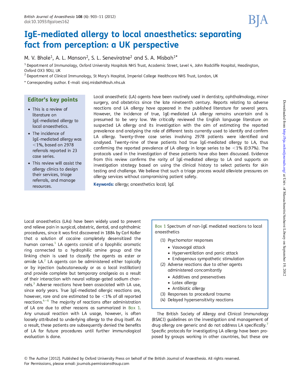 IgE-mediated allergy to local anaesthetics: separating fact from perception: a UK perspective