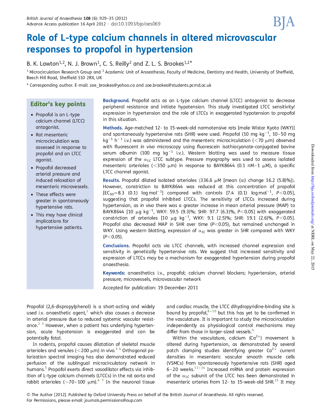 Role of L-type calcium channels in altered microvascular responses to propofol in hypertension