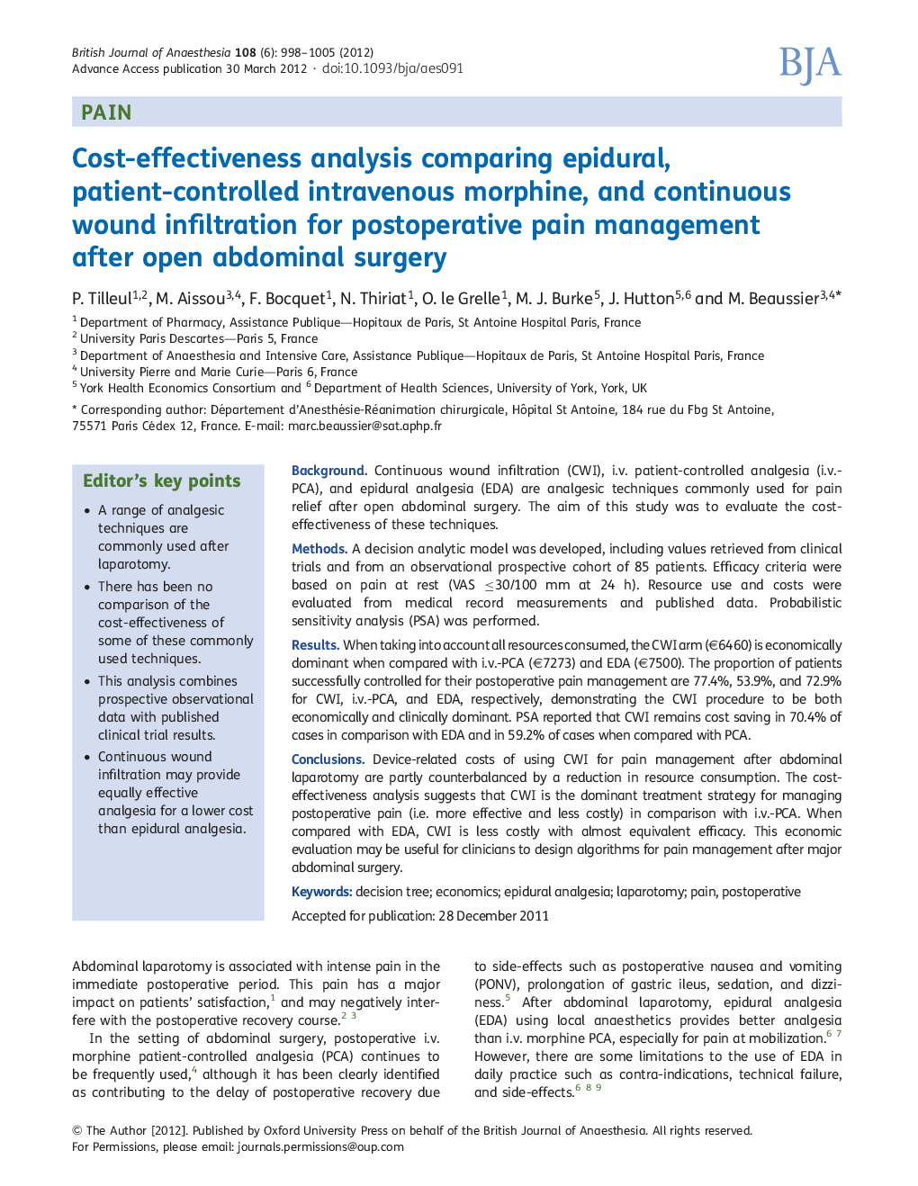 Cost-effectiveness analysis comparing epidural, patient-controlled intravenous morphine, and continuous wound infiltration for postoperative pain management after open abdominal surgery