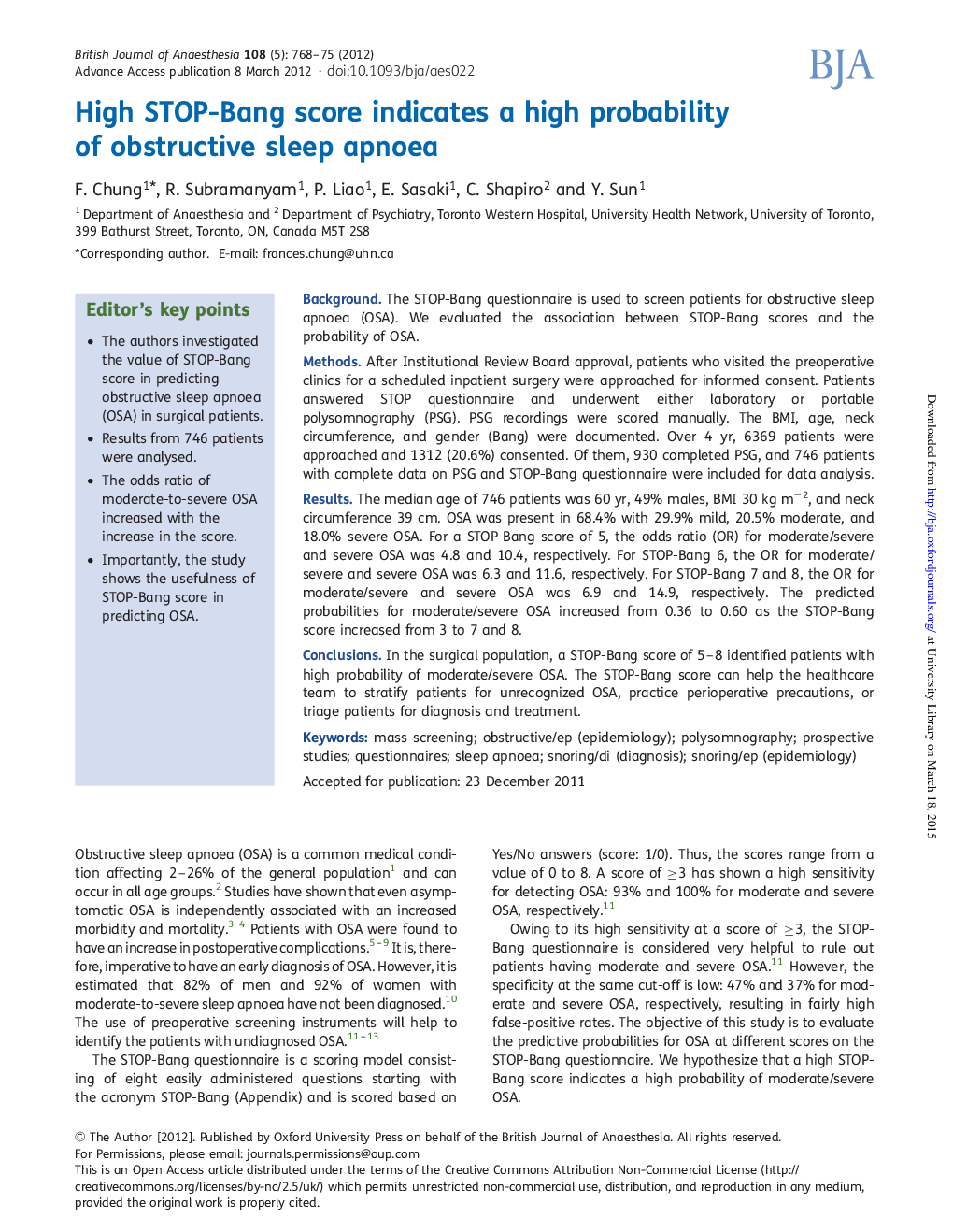 High STOP-Bang score indicates a high probability of obstructive sleep apnoea