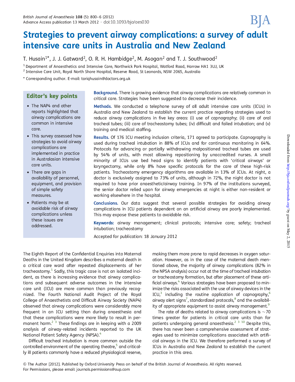 Strategies to prevent airway complications: a survey of adult intensive care units in Australia and New Zealand