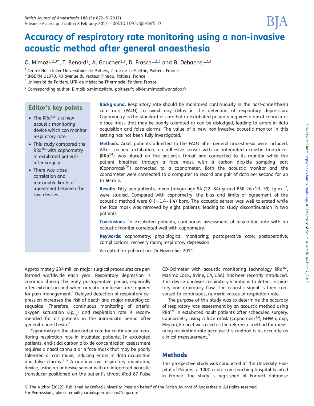 Accuracy of respiratory rate monitoring using a non-invasive acoustic method after general anaesthesia