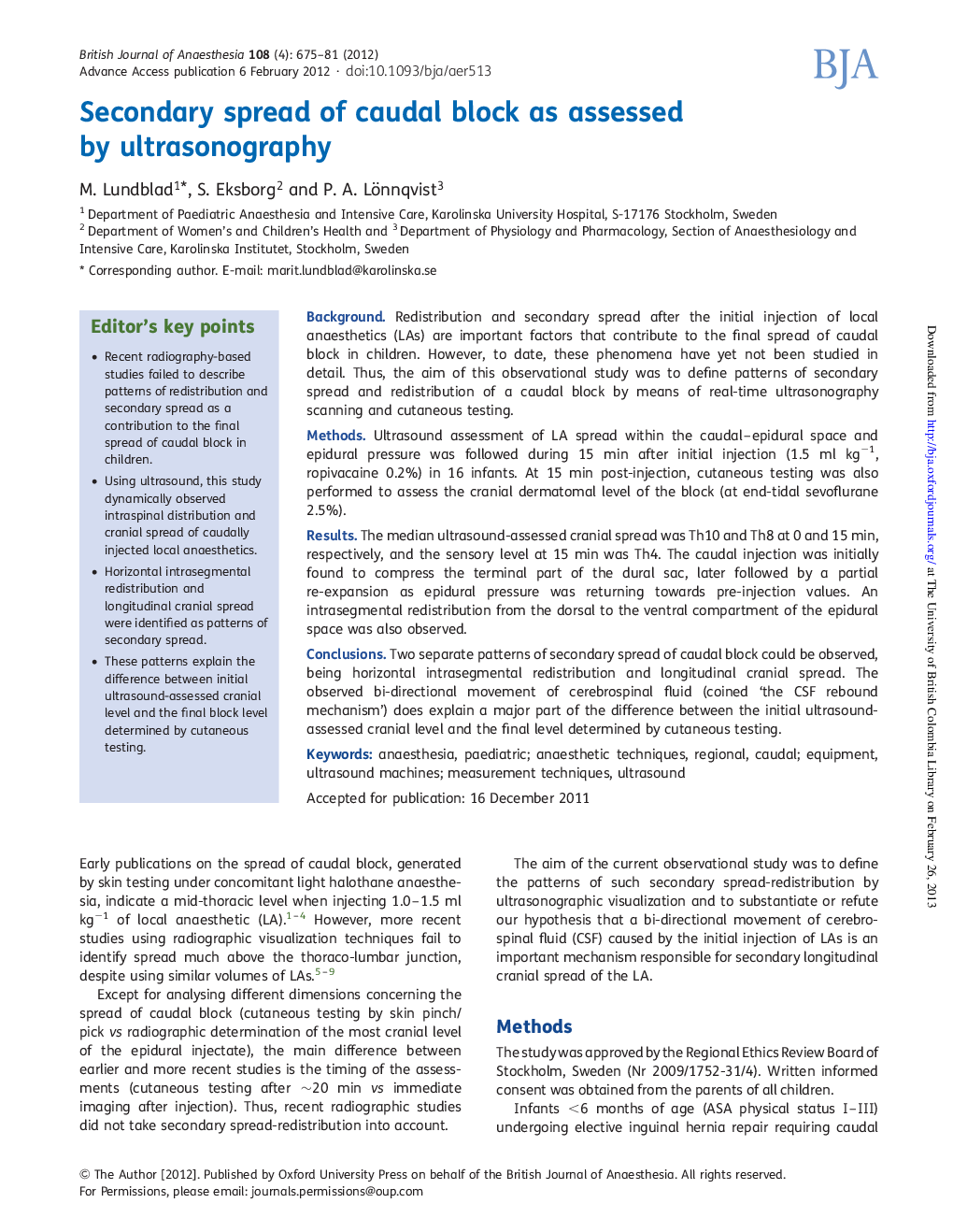 عکس صفحه اول مقاله: Secondary spread of caudal block as assessed by ultrasonography Secondary spread of caudal block as assessed by ultrasonography