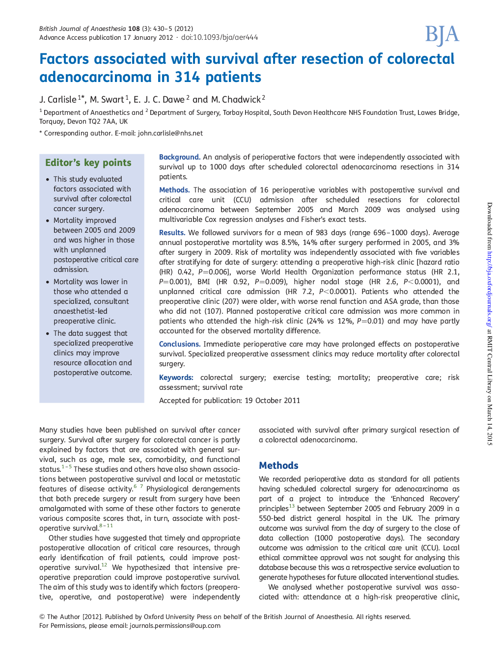 Factors associated with survival after resection of colorectal adenocarcinoma in 314 patients