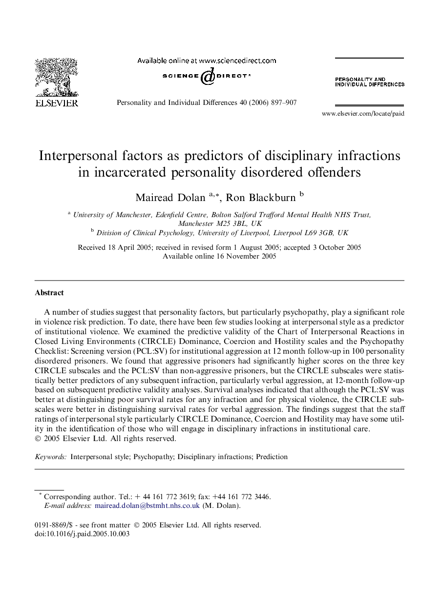 Interpersonal factors as predictors of disciplinary infractions in incarcerated personality disordered offenders