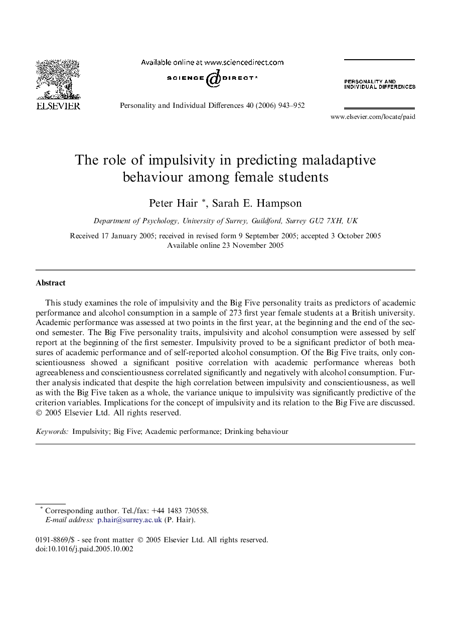 The role of impulsivity in predicting maladaptive behaviour among female students