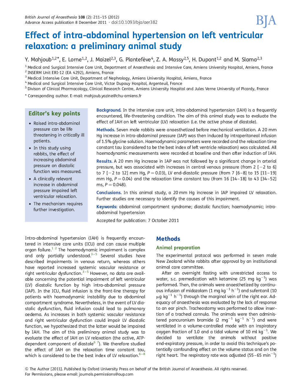 Effect of intra-abdominal hypertension on left ventricular relaxation: a preliminary animal study