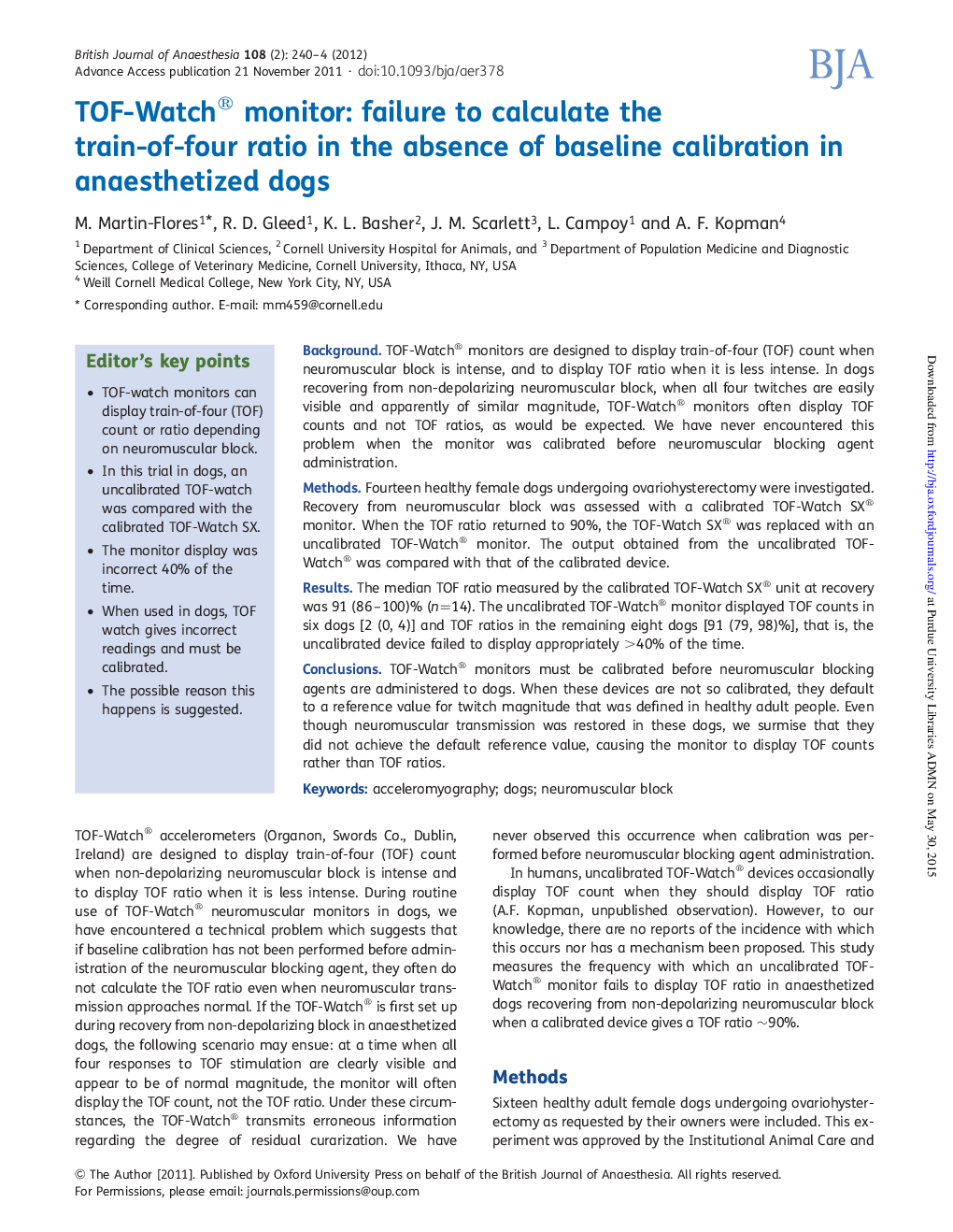 TOF-Watch® monitor: failure to calculate the train-of-four ratio in the absence of baseline calibration in anaesthetized dogs