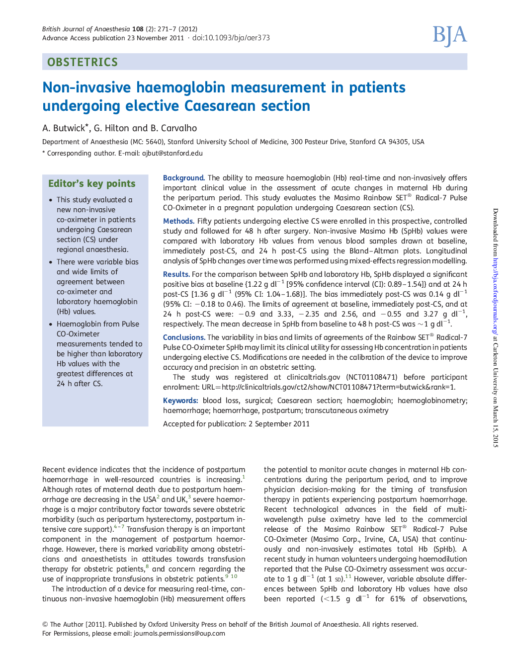 Non-invasive haemoglobin measurement in patients undergoing elective Caesarean section