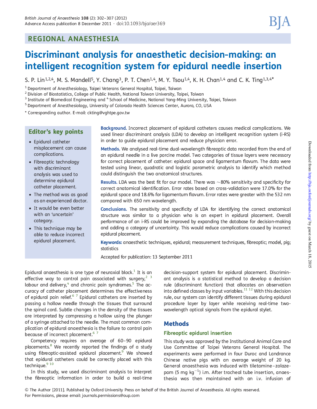 Discriminant analysis for anaesthetic decision-making: an intelligent recognition system for epidural needle insertion