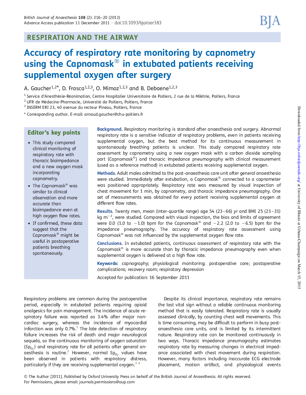 Accuracy of respiratory rate monitoring by capnometry using the Capnomask® in extubated patients receiving supplemental oxygen after surgery