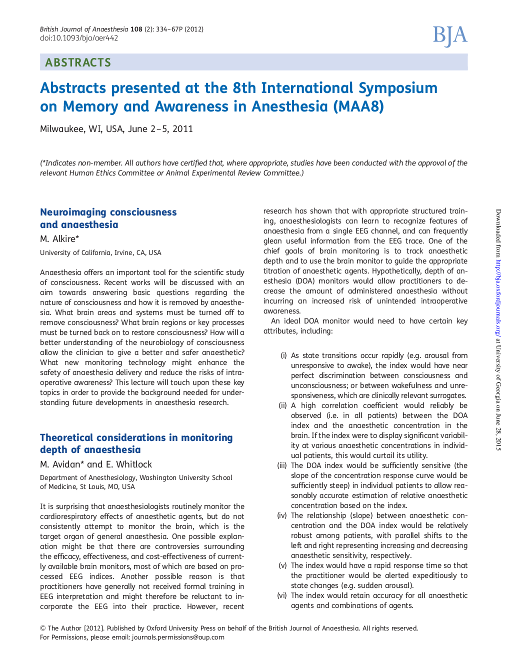 عکس صفحه اول مقاله: Abstracts presented at the 8th International Symposium on Memory and Awareness in Anesthesia (MAA8) Abstracts presented at the 8th International Symposium on Memory and Awareness in Anesthesia (MAA8)