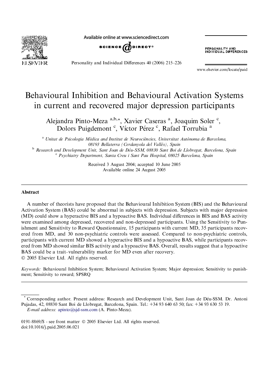 Behavioural Inhibition and Behavioural Activation Systems in current and recovered major depression participants