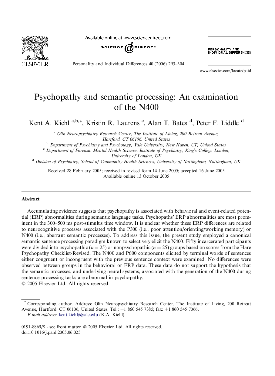 Psychopathy and semantic processing: An examination of the N400