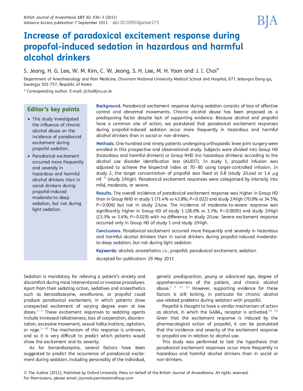 Increase of paradoxical excitement response during propofol-induced sedation in hazardous and harmful alcohol drinkers