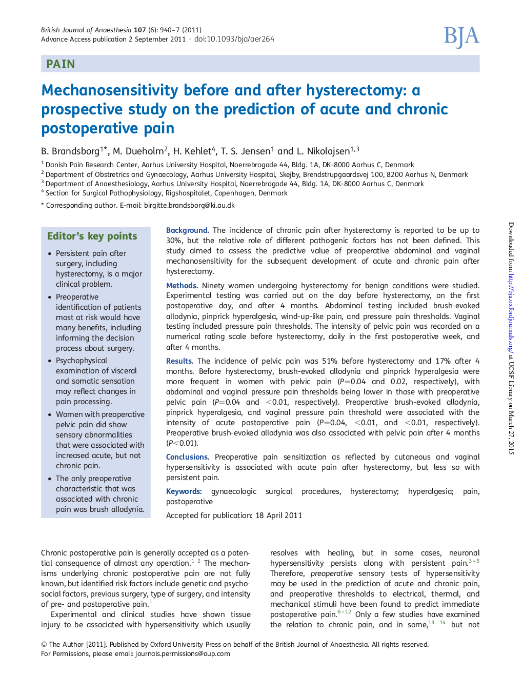 Mechanosensitivity before and after hysterectomy: a prospective study on the prediction of acute and chronic postoperative pain