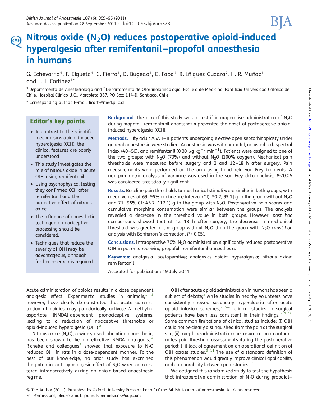 Nitrous oxide (N2O) reduces postoperative opioid-induced hyperalgesia after remifentanil-propofol anaesthesia in humans