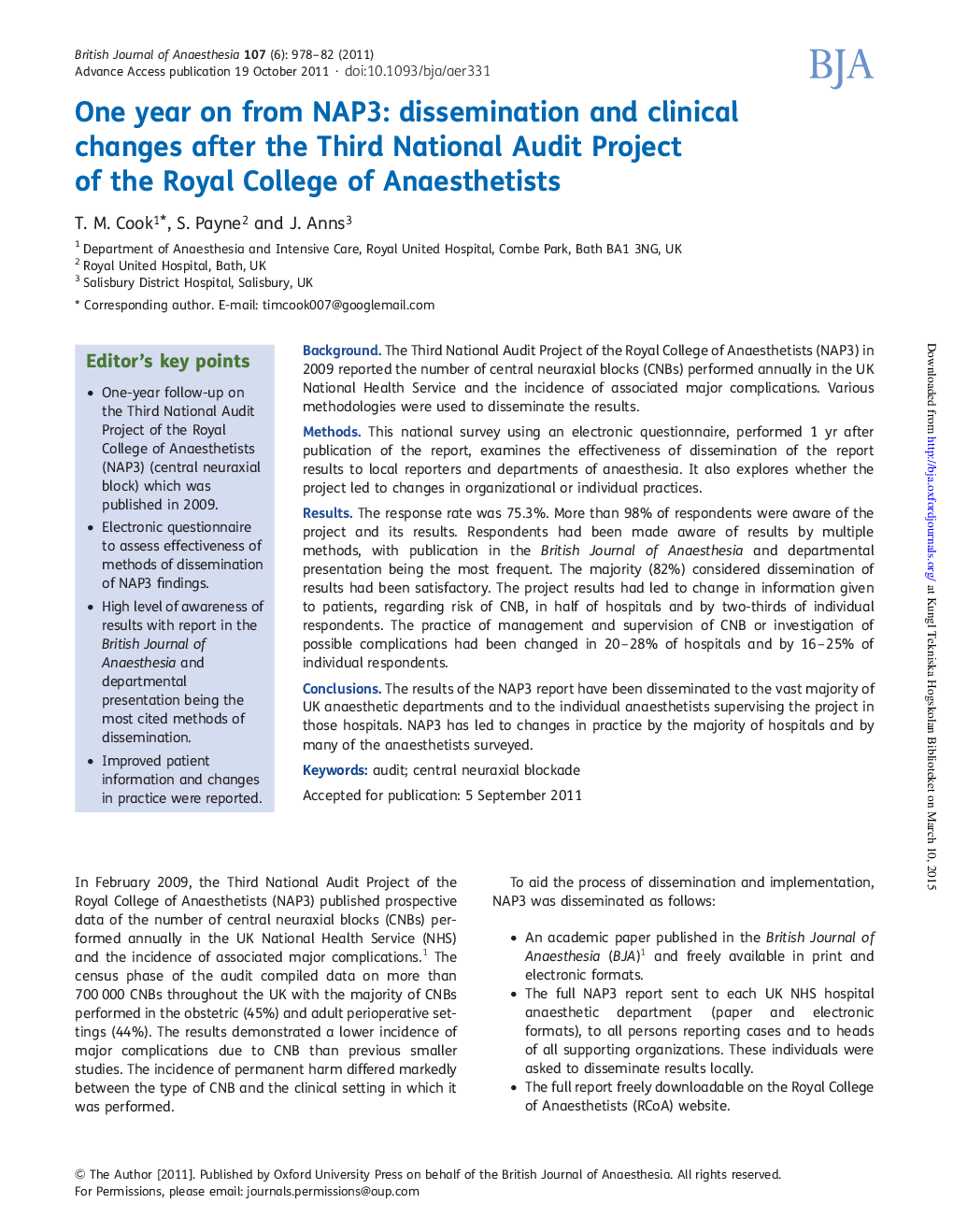 One year on from NAP3: dissemination and clinical changes after the Third National Audit Project of the Royal College of Anaesthetists