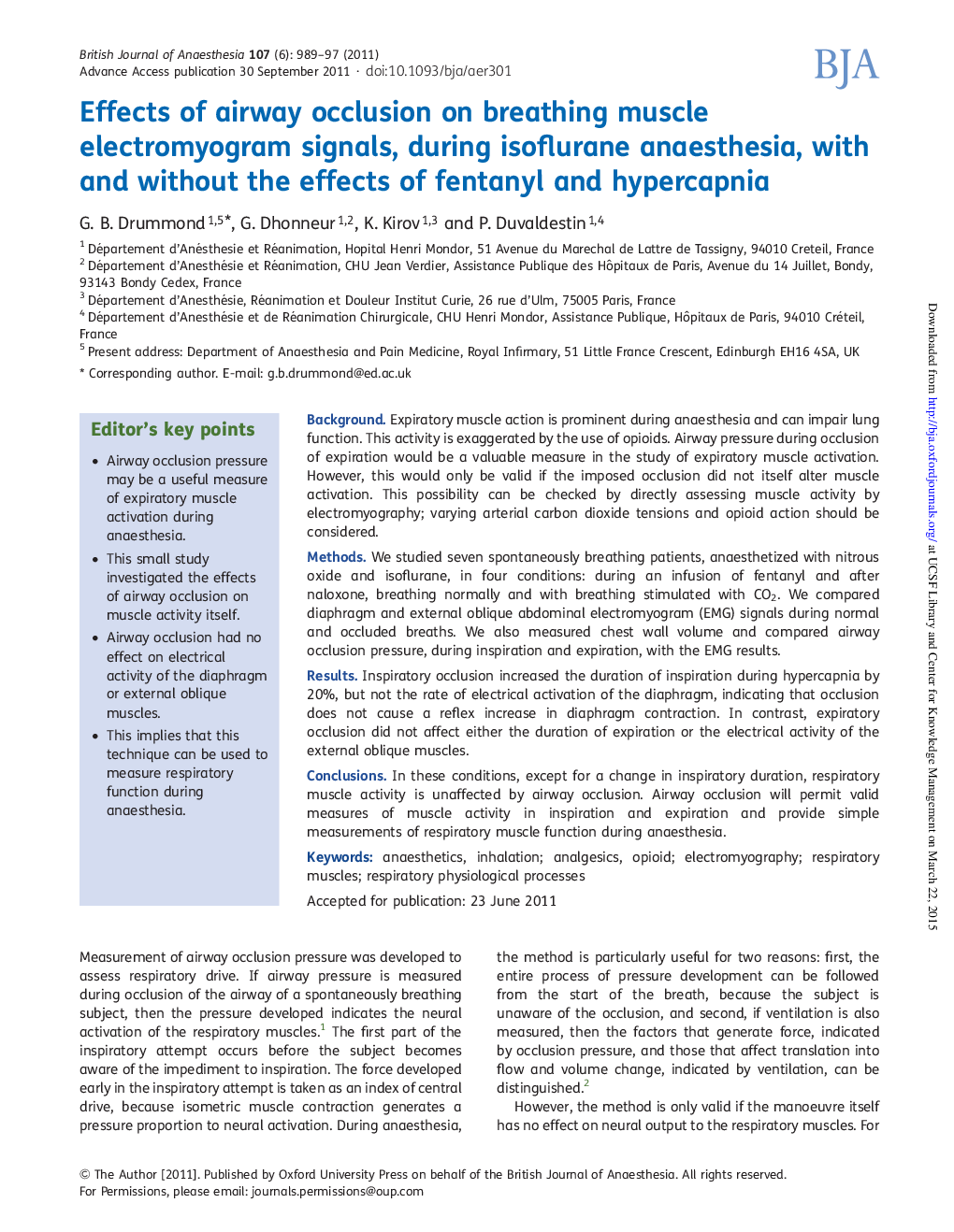 Effects of airway occlusion on breathing muscle electromyogram signals, during isoflurane anaesthesia, with and without the effects of fentanyl and hypercapnia