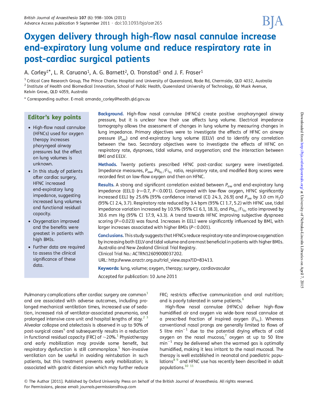 Oxygen delivery through high-flow nasal cannulae increase end-expiratory lung volume and reduce respiratory rate in post-cardiac surgical patients