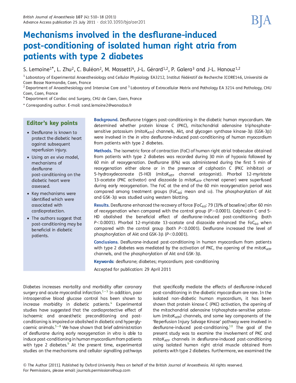 Mechanisms involved in the desflurane-induced post-conditioning of isolated human right atria from patients with type 2 diabetes