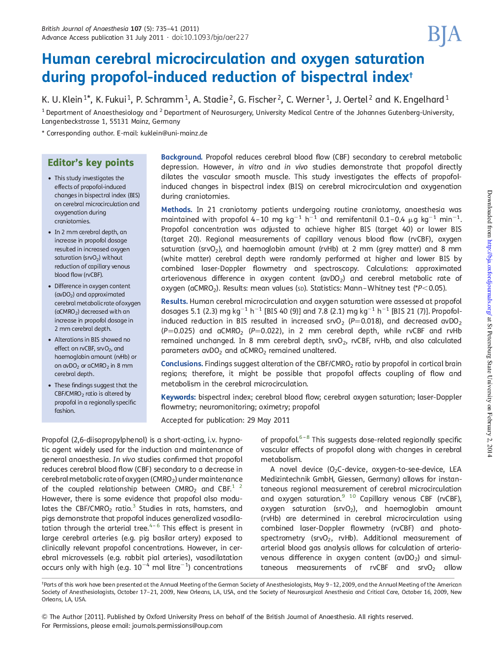 Human cerebral microcirculation and oxygen saturation during propofol-induced reduction of bispectral indexâ 