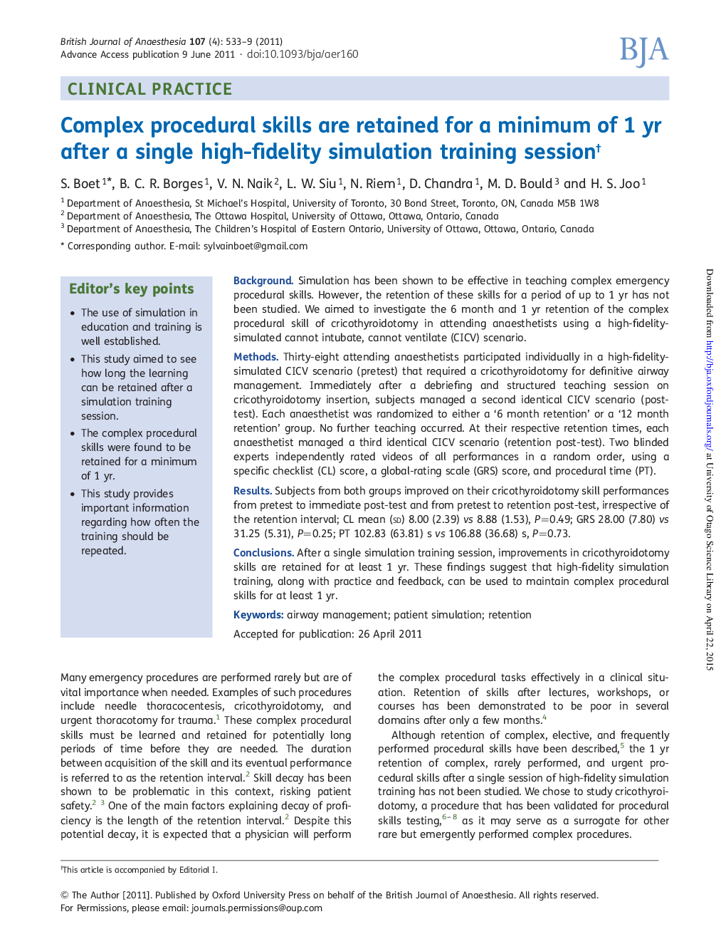 Complex procedural skills are retained for a minimum of 1 yr after a single high-fidelity simulation training sessionâ 