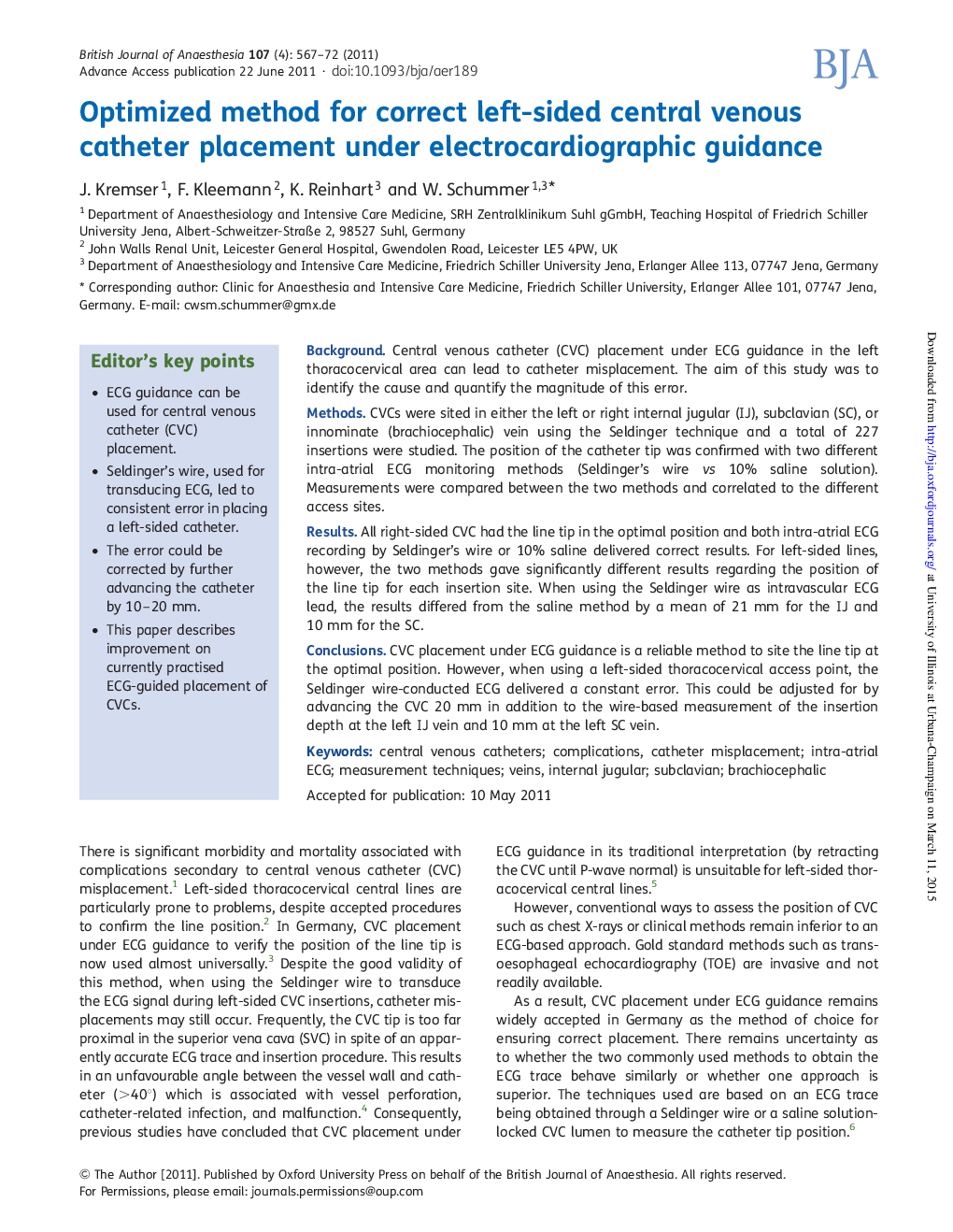 Optimized method for correct left-sided central venous catheter placement under electrocardiographic guidance