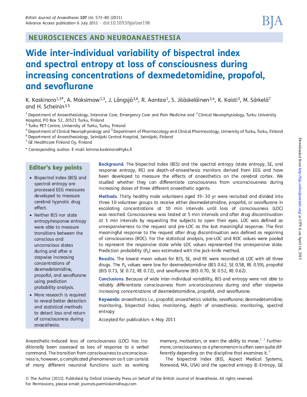 Wide inter-individual variability of bispectral index and spectral entropy at loss of consciousness during increasing concentrations of dexmedetomidine, propofol, and sevoflurane