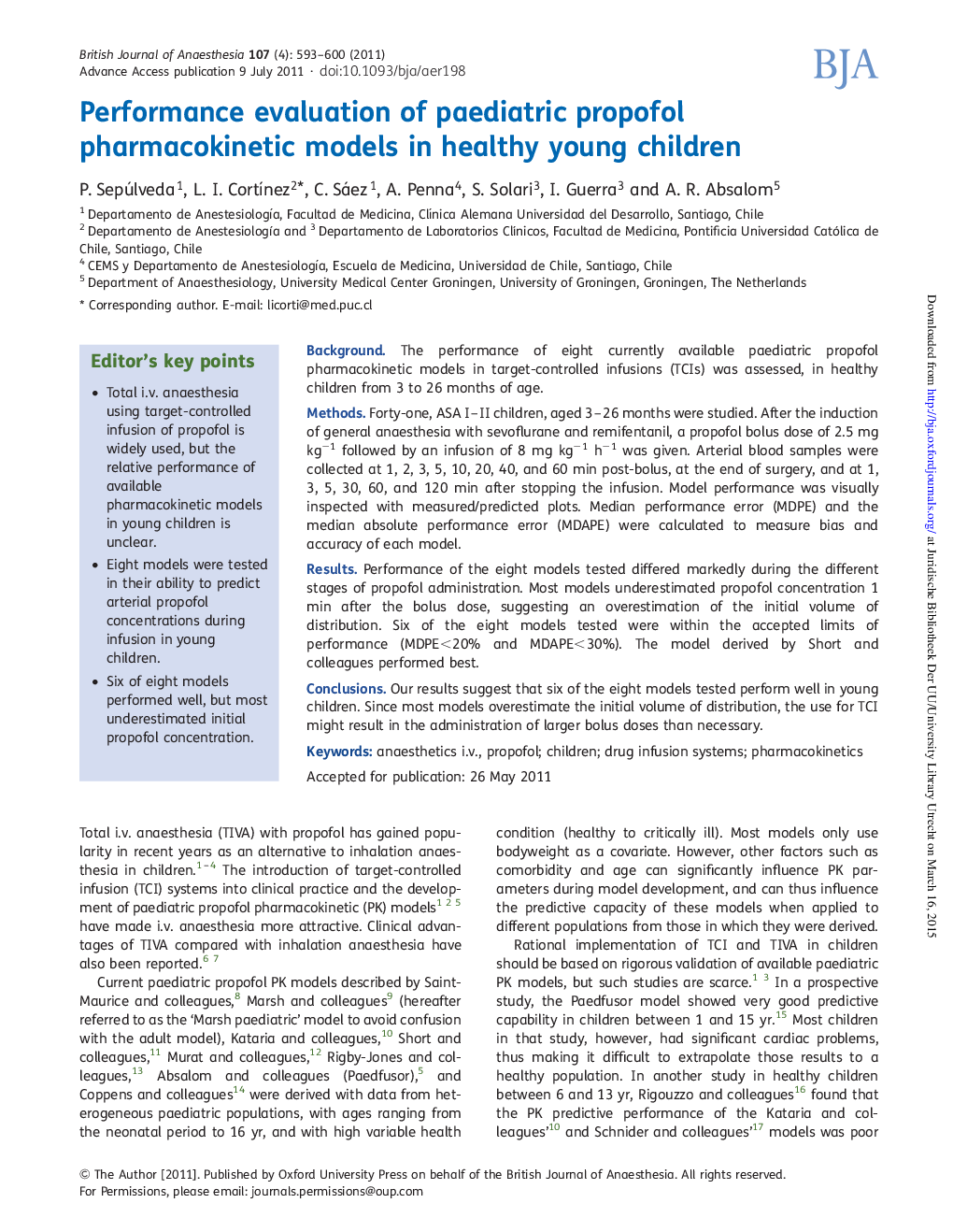 Performance evaluation of paediatric propofol pharmacokinetic models in healthy young children